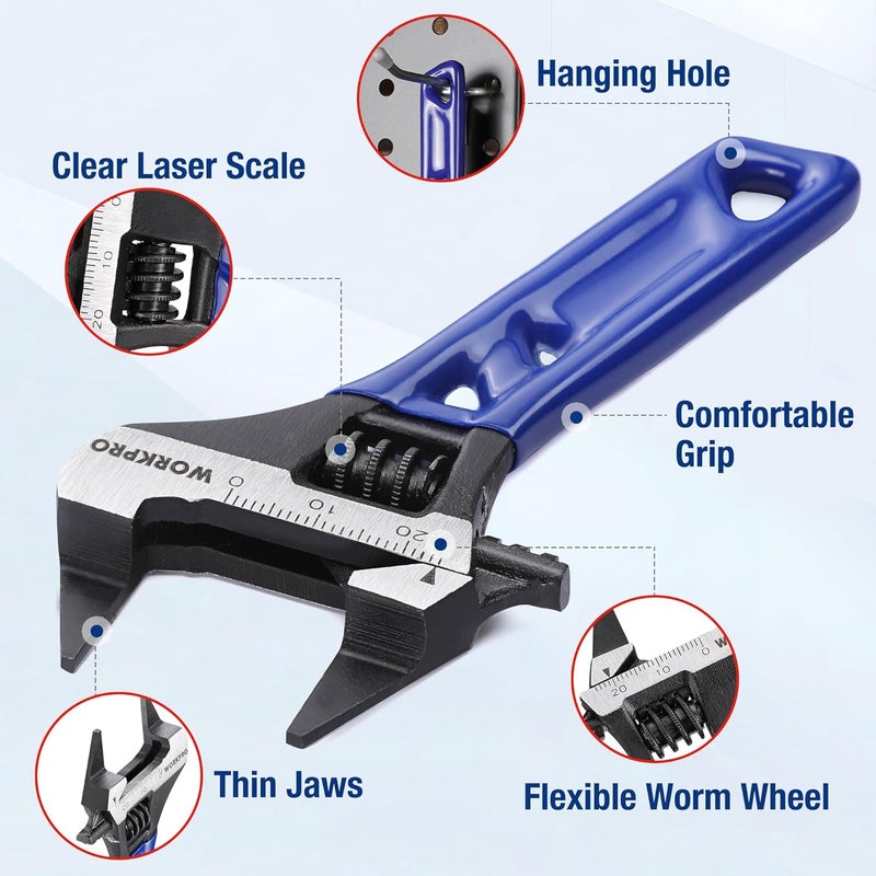 WORKPRO 4-Inch Thin Jaws Stubby Wide Opening Adjustable Wrench, Small Adjustable Wrench with 2mm Slim Jaws for Easy Access to Tight Spaces, Metric/SAE Scales, Cr-V Steel - Image 5